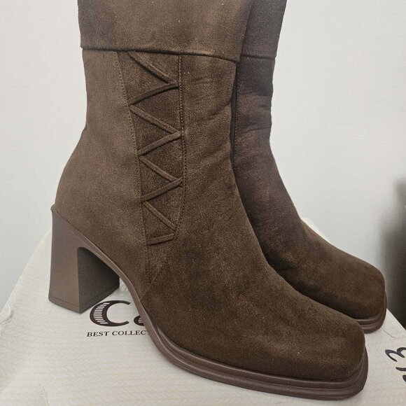 Brown Suede Heeled Square Toe Ankle Boots 7.5 - Picture 1 of 7